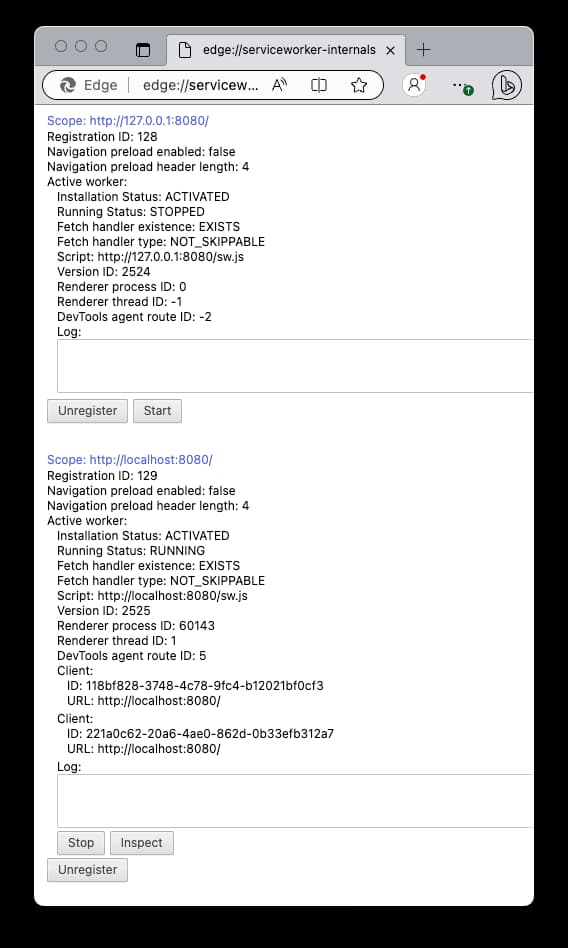 Two service workers exist at localhost:8080. They can be unregistered from the list of service workers